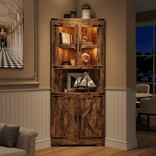 GarveeHome 67 in Tall Corner Storage Cabinet with Lights, Farmhouse Corner Hutch Display Cabinet with Glass Doors, Wooden Storage Organizer for Kitchen, Living Room, Bathroom, Brown