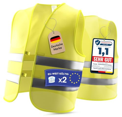 VANEJA Warnwesten Auto 2er Set – Europaweit gültig nach Norm 2025 EN ISO 20471 – Reflektierende Kfz Warnweste – Warnschutzweste für Erwachsene – High Visibility Vest