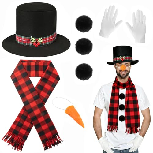 Tobriavor Schneemann Kostüm Herren Damen,Schneemann Hut Weihnachtsschal Karotte Nase Bommeln Handschuhe für Weihnachten Kostüm Karneval Faschingskostüme