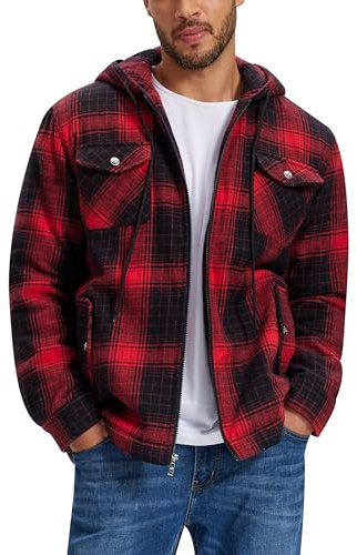 MoFiz Homme Veste Chemise Flanelle à Carreaux Doublée Chaude Blouson d'hiver Coton Chemise de Bûcheron Travail Manches Longues avec Capuche et Cinq Poches