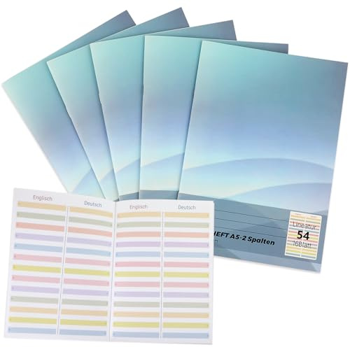 Tikplus 5 Stück Englisch Vokabelheft, A5 Farbliche Vokabelheft 2 Spalten | 80g/m² Vokabel Notizbuch,Lineatur 54 16 Blatt Vokabeln Schulheft mit Teilungslinie für Schüler Lernen Üben