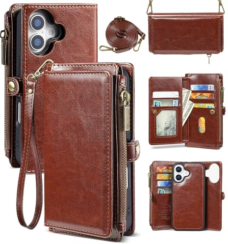 MInCYB for iPhone 13 Pro Max Wallet Case with 10 Card Slots, Magnetic Detachable RFID Blocking PU Leather Cover with Strap for Women and Men. Brown