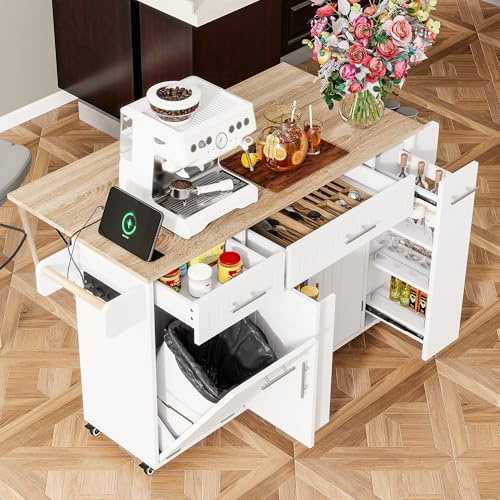 Desserte îlot de Cuisine sur Roulettes avec USB, Meuble de Cuisine avec Plans de Travail Rabattable et Compartiment Poubelle, 2 Tiroirs, 2 Portes avec Rangement, Organiseur Coulissant à 3 Niveau,Blanc