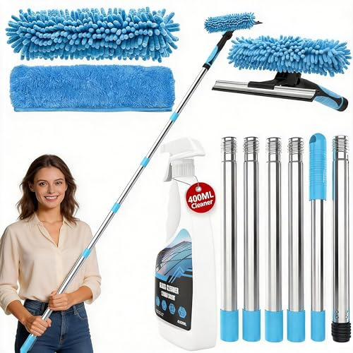 Window Cleaning Equipment Set Includes 400ml Window Cleaner & 2-in-1 Window Squeegee Brush with 79 (2m) Extendable Cleaning Pole, Streak-Free Window Cleaning Kit for Windows, Glass Doors, Mirrors