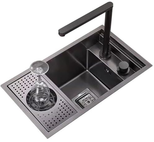 WBJGUOD Single Bowl Stainless Steel Invisible Sink with Glass Washer Coffee Shop Restaurant Bar Concealed RV Small Cover, Lift Faucet Save Space (Color : Black, Size 55 * 32 23cm)