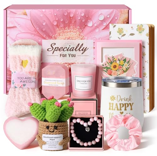 Cadeaux de fête des mères pour femme – Coffret cadeau spa 10 pièces avec bombe de bain et cactus au crochet – Hug In a Box Get Well Surprise pour maman, elle, sœur – Anniversaire relaxant