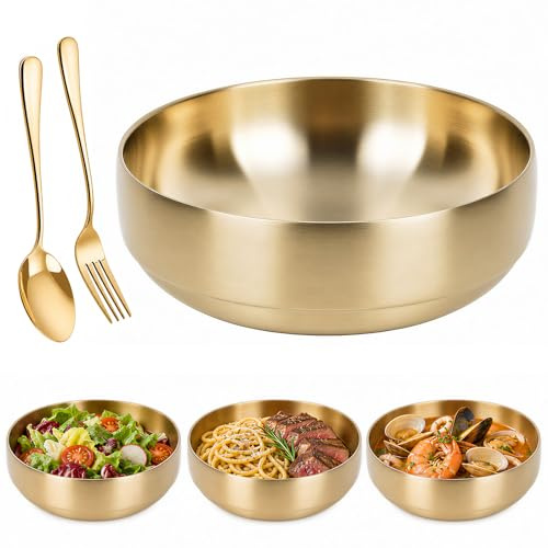 CAIYUANGUANGJIN 47oz/1400ml Double-Walled Large Salad Bowl, Stainless Steel Gold Serving Bowl with Spoon & Fork, Heat-Insulated Anti-Scald Mixing Bowl for Pasta, Soup, Fruit, Noodles