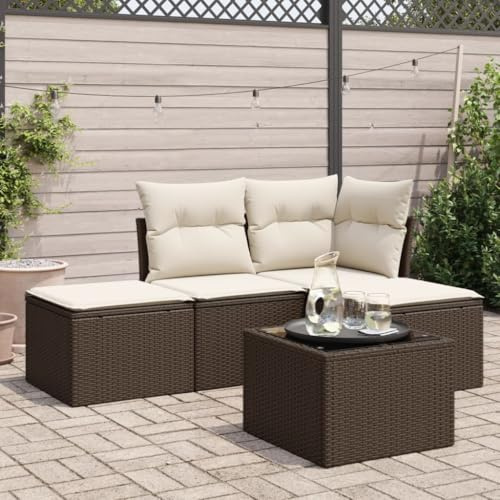 zylophax 5-TLG Garten-Sofagarnitur Braun Poly Rattan mit Kissen wetterfest, inklusive Stauraum, Tisch mit Hartglas, modulare Sitzgruppe Outdoor für Terrasse Balkon Garten Lounge Möbel