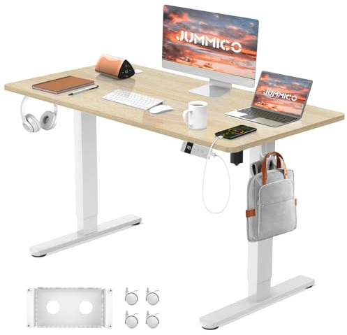 JUMMICO Elektrisch Höhenverstellbarer Schreibtisch 120x80 cm mit Ladestation, Höhenverstellbarer Computertisch mit Kabelmanagement, Ergonomischer Sitz-Steh-Schreibtisch Höhenverstellbarer Tisch, Beige
