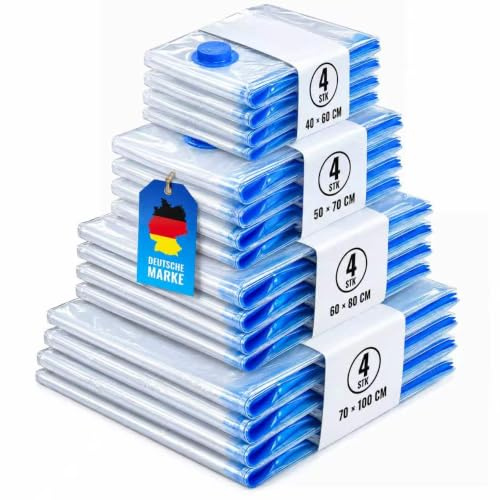 Allyson® 16er Vakuumbeutel für Kleidung, Bettdecken & Kissen (Ohne Pumpe) | mit Staubsauger vakuumierbar, aus extra starkem Material, luftdicht, mit Ventil & Klettverschluss, wiederverwendbar