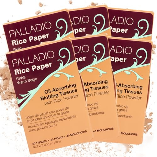 Palladio Rice Paper Facial Tissues for Oily Skin, Face Blotting Sheets Made from Natural Rice, Oil Absorbing Paper with Rice Powder, 2 Sided, Instant Results, Warm Beige, 40 Count, Pack of 3