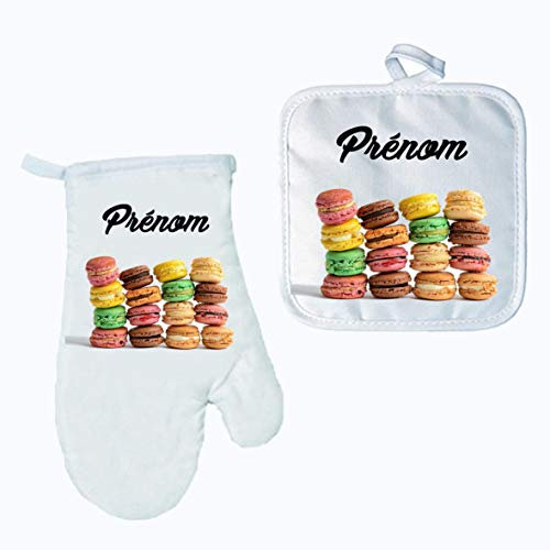 Gant et manique de cuisine macaron personnalisé avec prénom texte au choix réf 01