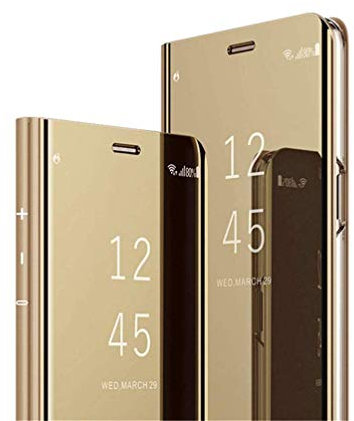 COTDINFOR Mirror Makeup Case For iPhone XS MAX Slim View Standing Cover Bright Clear Flip Kickstand Shockproof Protective Bumper Case for iPhone XS MAX (6.5 inch) Mirror PU Gold MX.