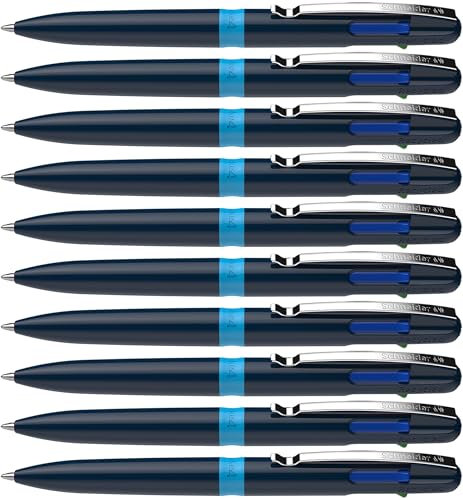 Schneider 138003 Take 4 Kugelschreiber mehrfarbig (4 Farben, Minen wechselbar, recycelter Kunststoff) dunkelblau-hellblau, 10 Stück