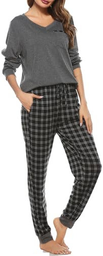 Vlazom Pyjama Femme Hiver Ensembles de Pyjama à Manche Longue Col en V Vêtements de Nuit à Carreaux Chaud Long,A-Gris,L