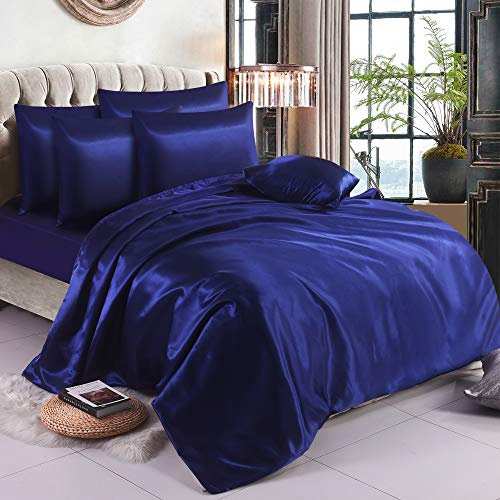 ZIMEL HOMES 4-Piece Satin Bedding Set – Soft, Silky & Shiny Bed Sheets – Includes Duvet Cover, Fitted Sheet & 2 Pillowcases (Navy Blue, Single)