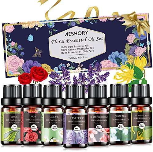 AESHORY Ätherische Öle Set Blumen 7 x10 ml, 100% Naturrein Aromatherapie Duftöl GeschenkSet für Diffuser Luftbefeuchter (Lavendel, Rose, weißer Tee, Kirschblüte, Kamille, Ylang-Ylang, Nelke)