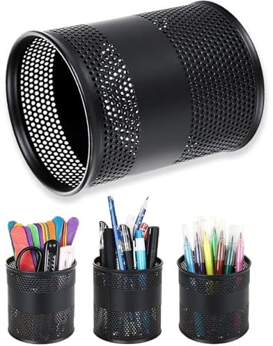AKOLAFE 4 Pack Minimalist Modern Black Round Pen Pots, 8 x 10 CM Metal Mesh Desktop Pen Holders for Office, Home & Classroom
