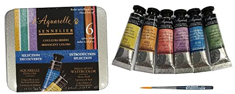 Sennelier ESPACE BEAUX ARTS Boîte de Peinture Aquarelle irisée Extra-Fines sélection Découverte, Boîte en métal 6 Couleur x 10ml avec mini Pinceau Da Vinci