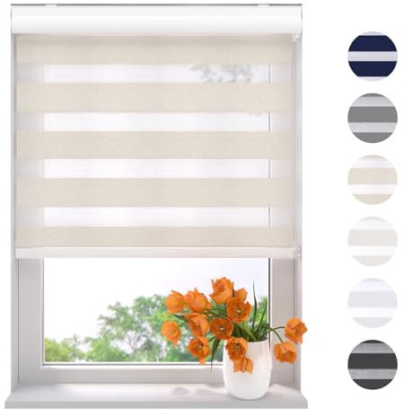Radeco® Doppelrollo mit Kassette 190 x 175 cm (BxH) leinen, Blickdicht oder Transparent, ohne Bohren möglich, doppelrollo wandmontage, Duo Rollo, doppelrollo 190 cm breit