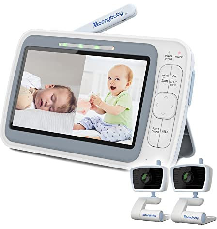 moonybaby EMF Reduction Baby Monitor with 2 Cameras, QuadView 40, 5 HD 720p Split-Screen, No WiFi, 20 Days Battery Life, 1000ft Range, 2-Way Audio, Lullaby, Temperature sensor,VOX/Voice Activation