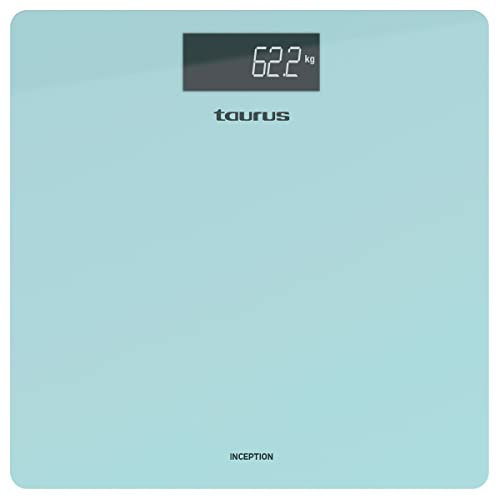 Taurus Inception - Báscula de baño digital, diseño slim, 28x28 cm, cristal templado ultra resistente, kg/lb, pantalla display de fácil lectura, máx 180kg/min 3kg, pies antideslizantes, azul