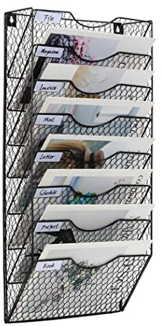 EasyPAG 8 Tier A4 Chicken Wire Mesh in Tray Wall Pocket File Holder Mail Organiser Magazine Paper Storage Rack,Black