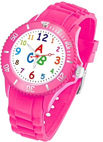 Taffstyle Kinder Armbanduhr Silikon ABC Zahlen Motiv Sportuhr Analog Quarz Bunte Sport Uhr Farbige Kinderuhr Mädchen Junge Lernuhr 34mm Pink