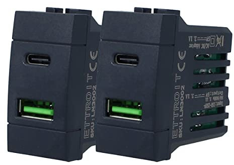 Serie Civile Compatibile Con Bticino Living Light, 2 pcs Presa USB C + USB A Colore Nero