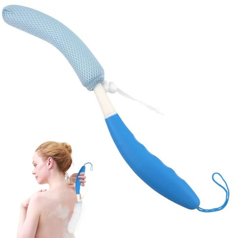 KkaFFe Shower Body Brush Skin Exfoliating Curved Back Scrub Massage Bath Extra Large Handle European and American Hand-Shaped Removable Bold Long Washer (Blue-Blue), 43cm, 1.0 count