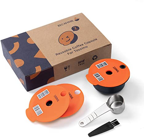 RECAFIMIL Filtros de café, 3 cápsulas reutilizables para plástico Tassimo, dispositivos compatibles: cafetera, incluye 220 ml naranja y cuchara de peso de 180 ml