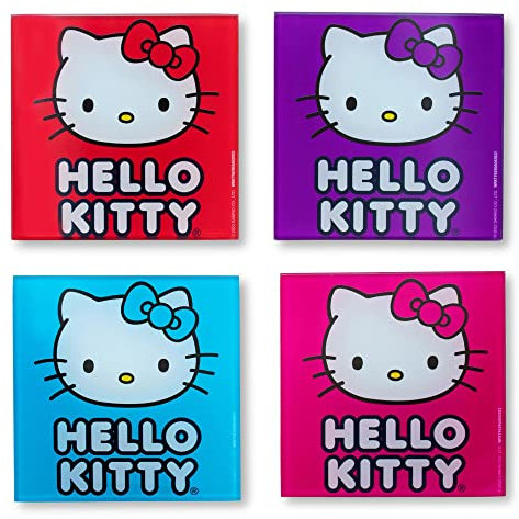 Sanrio Hello Kitty - Juego de 4 posavasos de cristal para bebidas, protección de mesa para el hogar, cocina, mesa de comedor