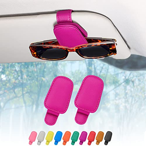 quipuda 2 Pack Brillenhalter für Auto Sonnenblende,Echt Leder Auto Visier Zubehör Sonnenbrillen Halterung Magnetische Sonnenbrillenhalter Ticket Clip（Rosarot）