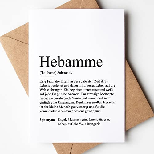 KAMEWI® Grußkarte HEBAMME Definition | Klappkarte mit Briefumschlag aus Kraftpapier | Bedanken Geschenk Ankündigung Kleinigkeit Baby Schwangerschaft Vorfreude Geburt Eltern Glück Krankenhaus