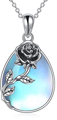 YAFEINI 925 Sterling Silber Rose Blume Mondstein Kette Filigrane Anhänger Mondstein Träne Schmuck für Damen & Mädchen (F-Rose Blume)