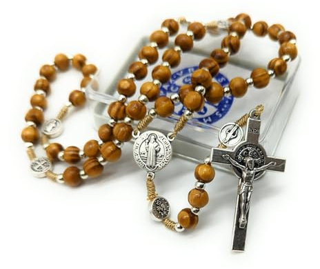 OVUNQUE PROTEGGIMI Rosenkranz des heiligen Benedikts aus Nussbaum und Medaillen aus Metall. mit Gebet des heiligen Benedikts, katholischer Rosenkranz. St. Benedict Rosary