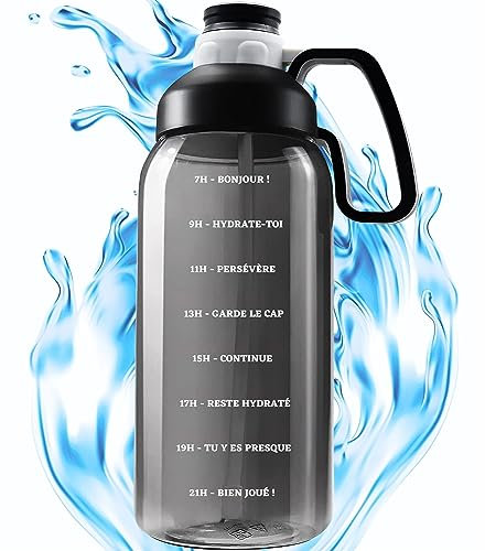 AQUAFIOLE Gourde Eau Tritan Motivation Graduée 2l Pour 1 Journee En Français - sans BPA - Gourde Sport 2l Paille - Pour Camping et Randonnée - Bouteille 2l