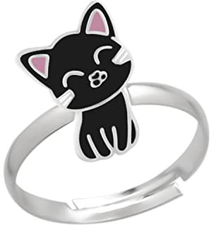 Kinderschmuck Ring Katze Kitty Cat. Tier Schmuck Geschenke für Mädchen, Kinder. Weite verstellbar aus 925 Sterling Silber mit Emaille. Kommt in Geschenkbox.