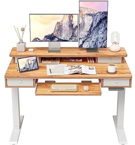 FEZIBO Height Adjustable Electric Standing Desk with 4 Drawers and Keyboard Tray, 120 x 60 cm Table with Storage Shelf, Sit Stand Desk with Splice Board, Light Rustic Brown