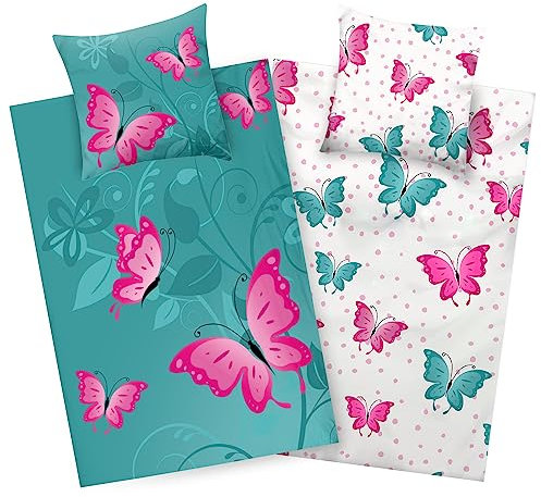 Aminata kids Bettwäsche 135x200 Schmetterling Kinder Mädchen Baumwolle Schmetterlinge türkis grün | YKK Reißverschluss | Tier-Motiv Blumen - Kinder-Wende-Bettwäsche-Set