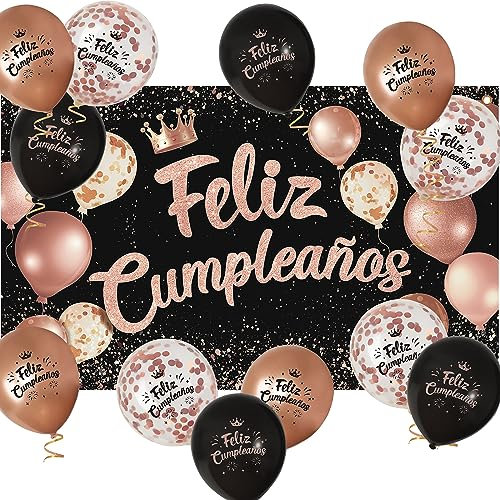 COLOFALLA Decoración Cumpleaños Mujer Pancarta Feliz Cumpleaños Oro Rosa + 12pcs Globos Cartel Photocall Fiesta