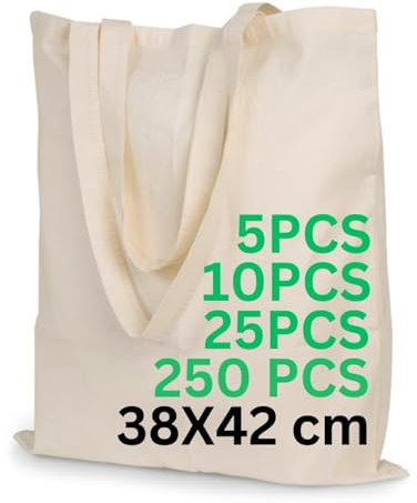 Enviroflex Bolsas de Asas Premium de Lona 100% Algodón, Bolsas de Compra Sostenibles, Ecológicas y Reutilizables con Asas Largas, 38x42 cm (Paquete de 25, Natural)