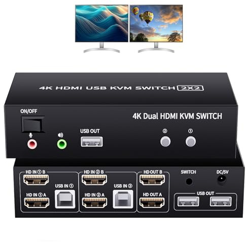 Conmutador KVM de doble monitor de 2 puertos, conmutador KVM 4K a 60Hz, 2 monitores, 2 computadoras, conmutador HDMI de doble monitor KVM 2x2 para 2 computadoras Comparte 2 pantallas y 5 puertos USB