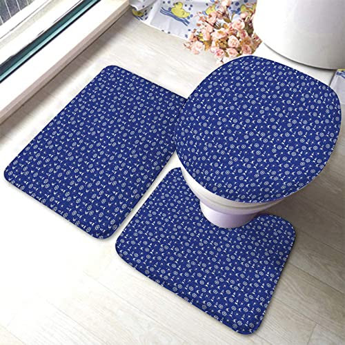 rutschfeste 3 Badteppich Set Leuchtturm Maritime Silhouetten Druck Badgarnitur Badematten Waschbar Fußmatte, Für Spa, Wc-Sitz Bezug