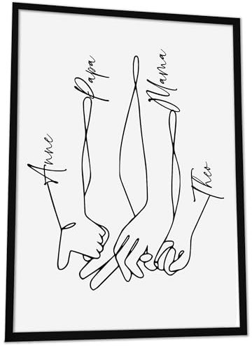 JUHMI Bild Familie Personalisiert mit Namen One Line Art, DIN A5 (15x21 cm) Rahmen wählbar, personalisierte Geschenke zum Einzug Hausbau Wohnung Einzugsgeschenk Deko Flur Bilder, 4 Köpfige Familie