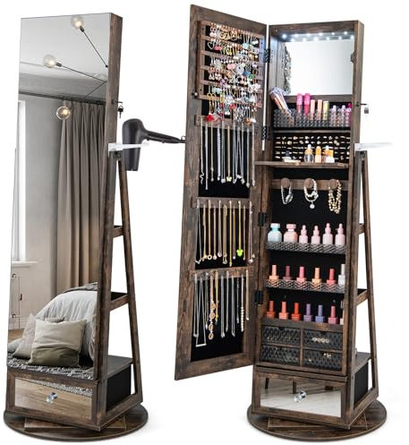 COSTWAY Armoire à Bijoux avec Miroir sur Pieds, Pivotant 360°, Miroir Psyché sans Cadre, Lumières LED, Verrouillable, Support pour Sèche-Cheveux, 3 Étagères à l’Arrière, Grand Tiroir (Marron Rustique)