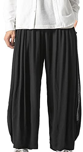 WLHBF Lightning Deals of Today Prime Clearance Herren Cargohose Herrenhose mit weitem Bein und verbesserter Hakama-Doppelschicht-Lose-Freizeithose aus Baumwolle und Leinen (Black, XXXXL)