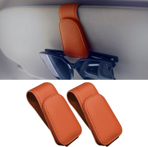 Anwlki Brillenhalt Brillenhalter für Auto Sonnenblende 2 Packungen Magnetisch Leder Sonnenbrillenhalter Auto Brillenhalterung Ticket-Karten-Clip (Orange Farbe)