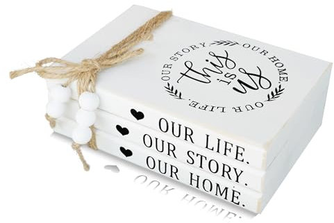 GNIYNAY Wooden Faux Decorative Books Stack for Home Decor - White Modern Decorative Books for Shelf Coffee Table Mantle or Tray - This Is Us Our Life Our Story Our Home