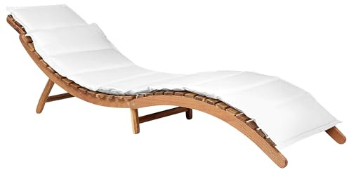 Beliani Gartenliege Akazienholz Heller Holzfarbton mit Auflage Creme weiß klappbar Luino